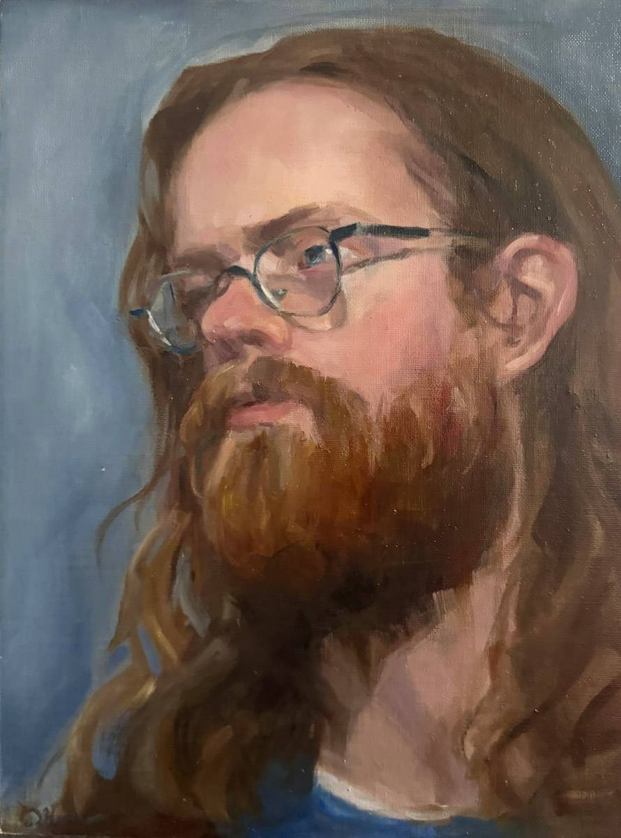 Oil Portrait of Ryder, a male with long hair, a beard and glasses
